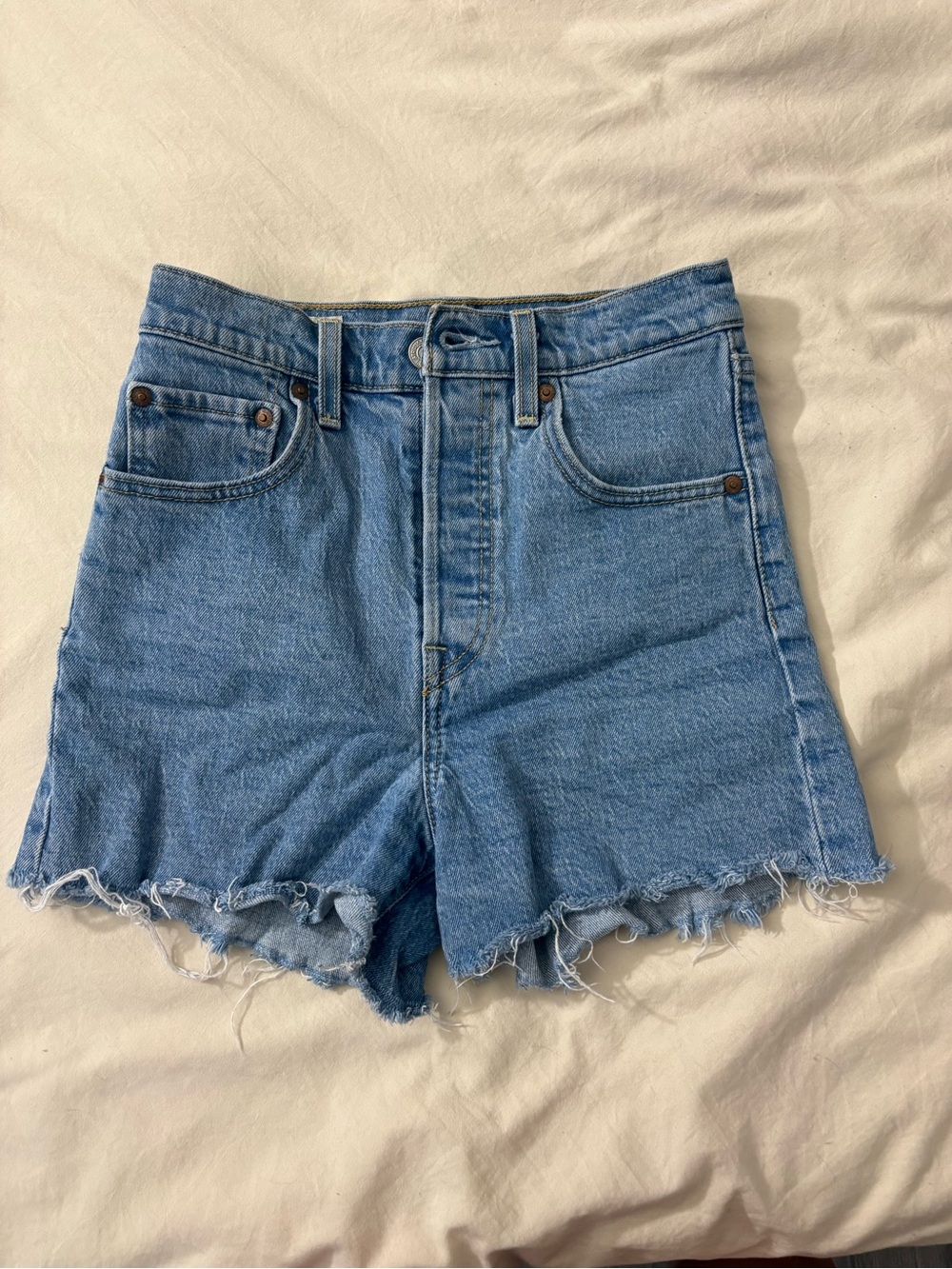 Levi's Light Blue High-Waist Frayed Denim Shorts